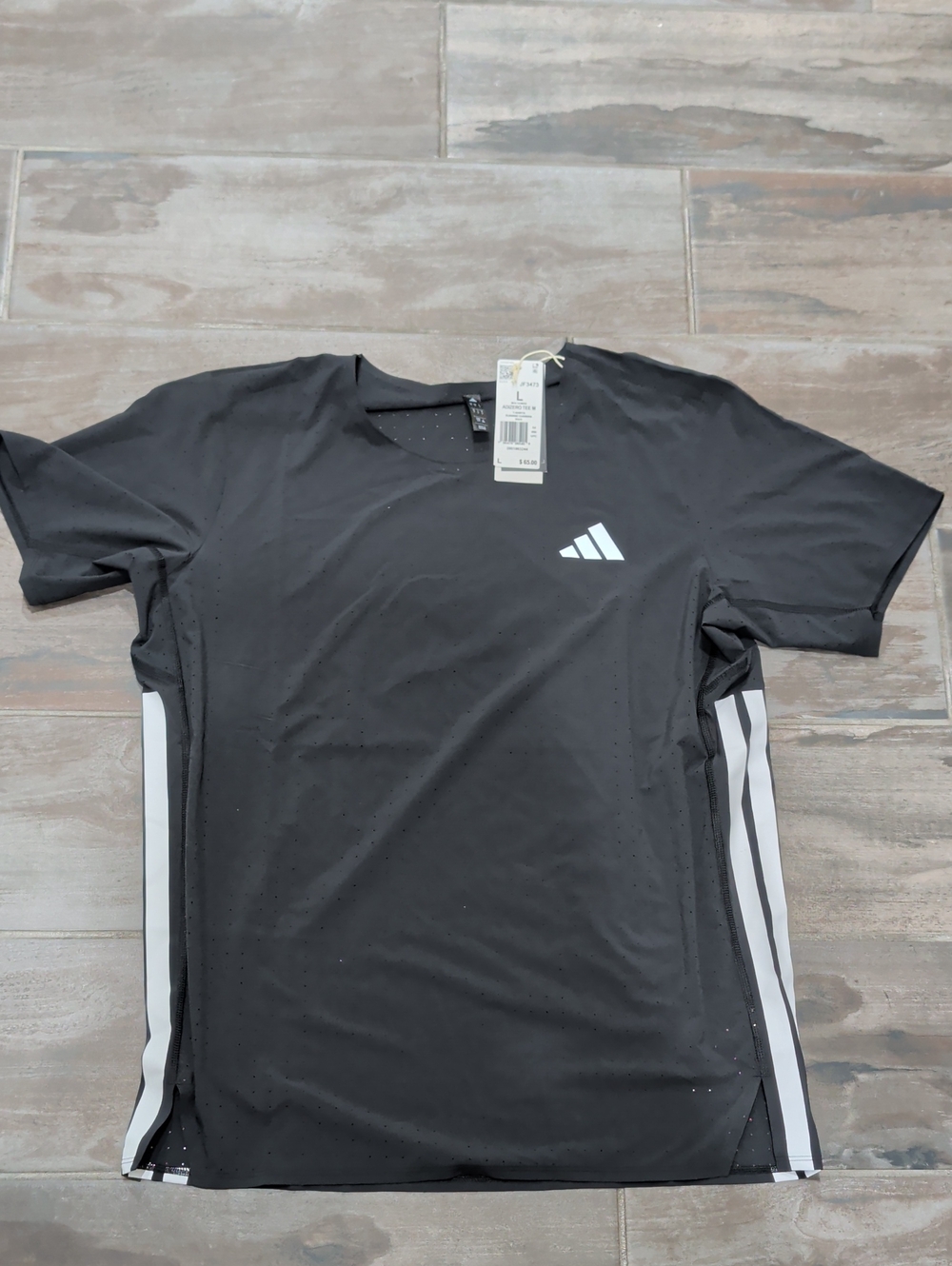 adidas Black Short-Sleeve Athletic Tee with White Stripes